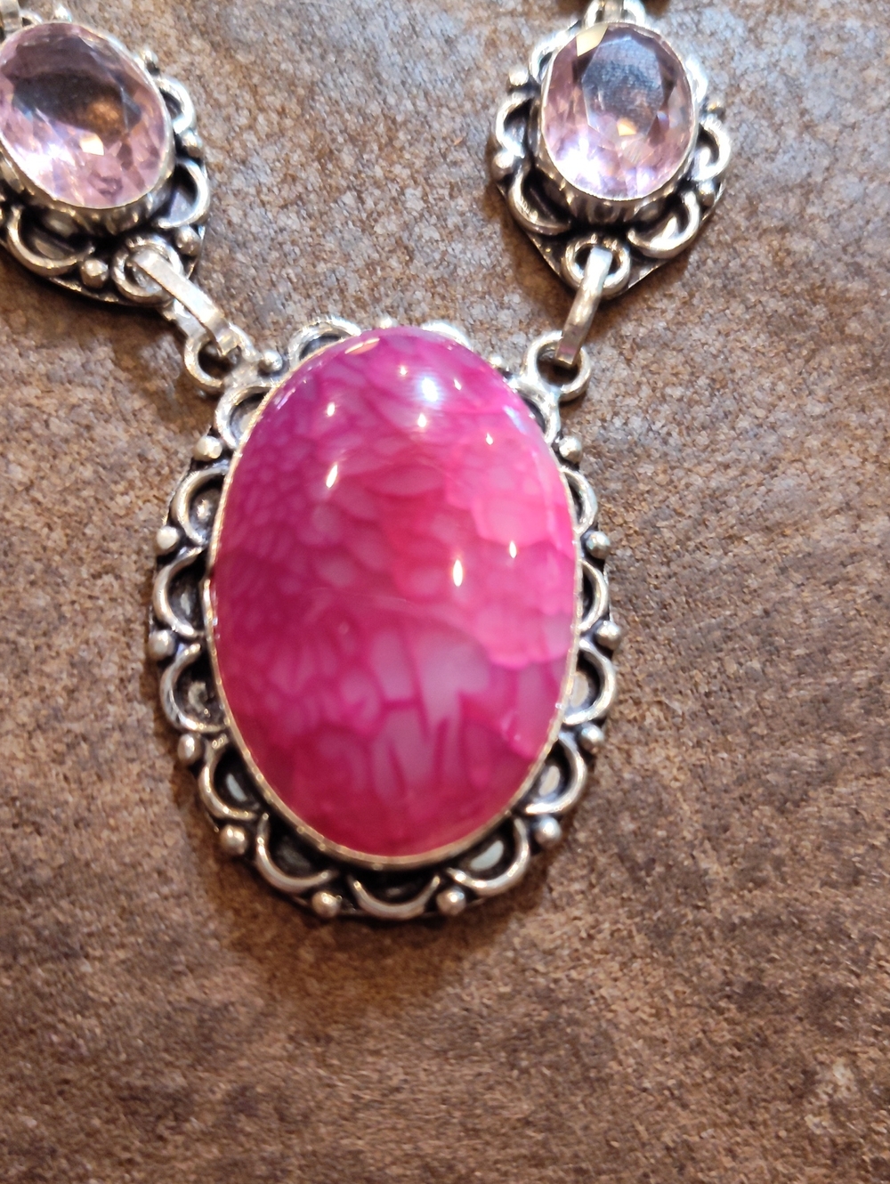 Dragon Vein Chalcedony 925 Sterling Necklace 4 Pink Faceted Glass Stones 24" - Picture 2 of 2